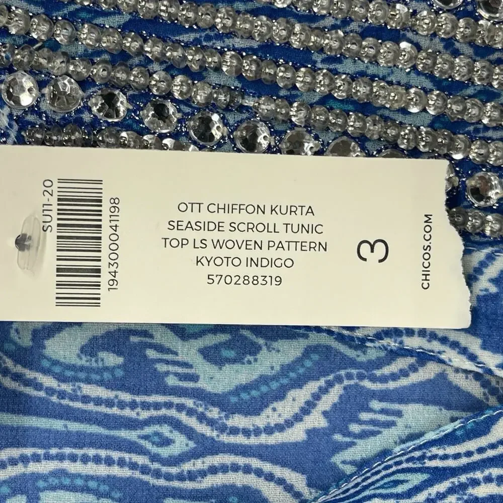 CHICOS Tunic 3 XL Chiffon Seaside Scroll Kurta Embellished Long Sleeve Blue NEW - Picture 9 of 14